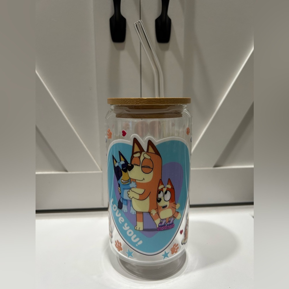 Bluey Family Glass Tumbler with Straw